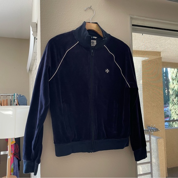 Tory Sport Velour Track Jacket Tory Navy Blue White Size Small Tory Burch - Picture 1 of 9